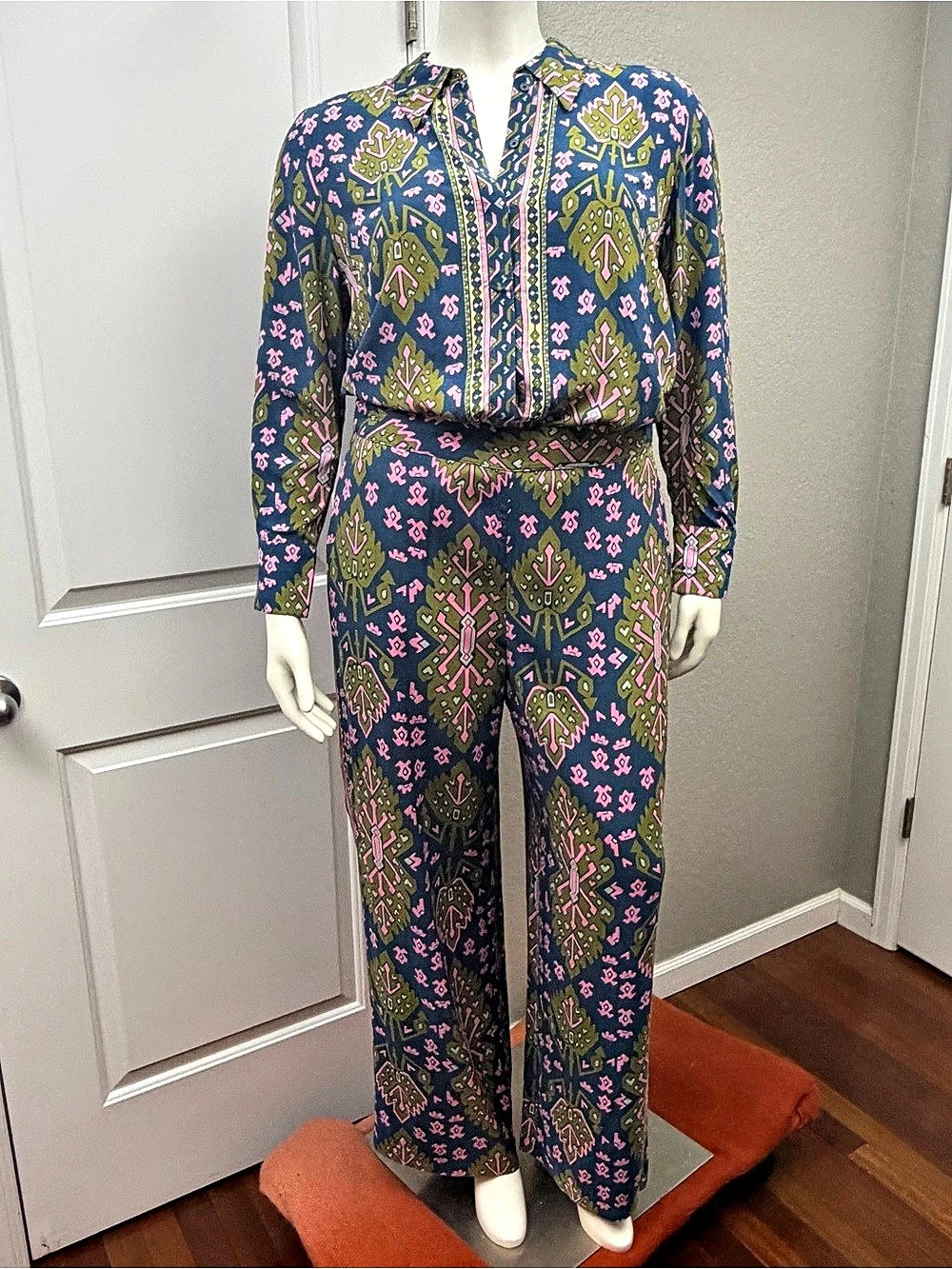 Boden Geometric Wide Leg Top & Pants Blue & Pink UK 22